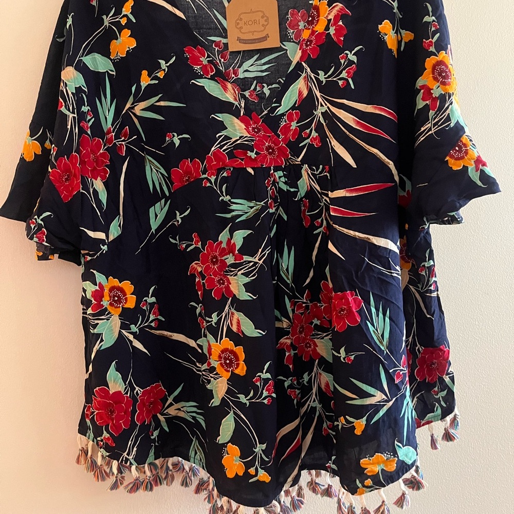 Kori Red and Orange Ruffled Short Sleeve Blouse